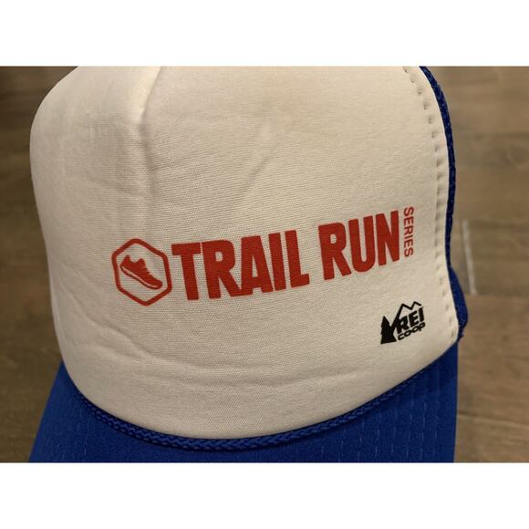 Vtg Nissin REI CO-OP Trail Run Series White Blue Trucker Hat Baseball Cap - Picture 3 of 9